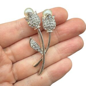 Vintage Silver Tone Rhinestone Flower Brooch, Faux Pearl Floral Pin